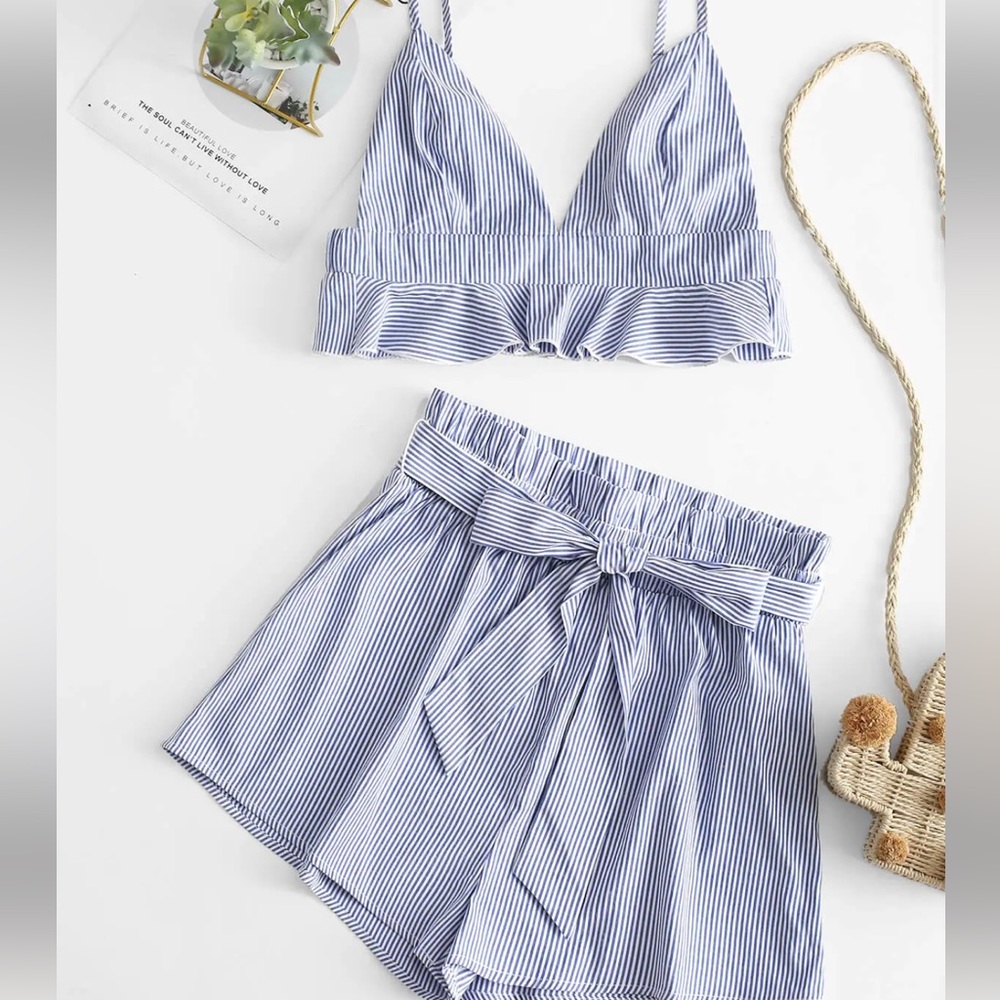 Blue and White Striped Two Piece Set